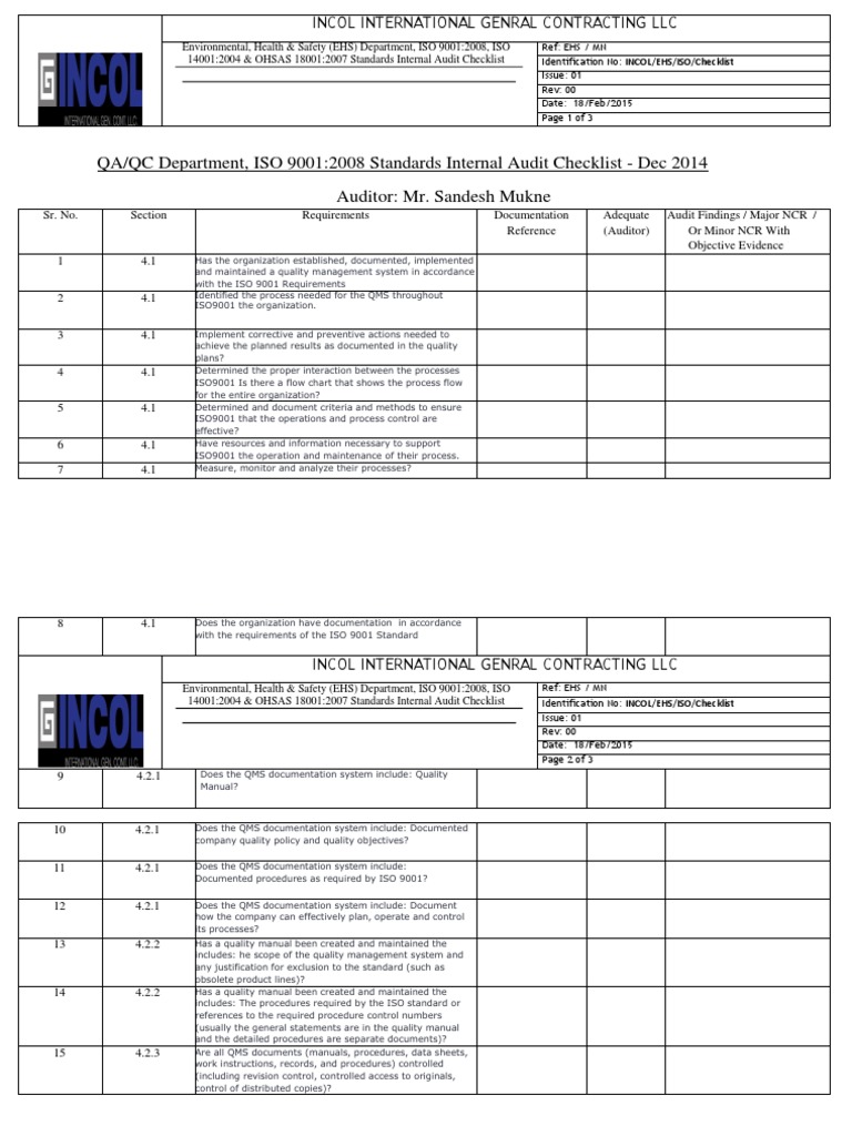 Iso 9001 internal audit checklist excel