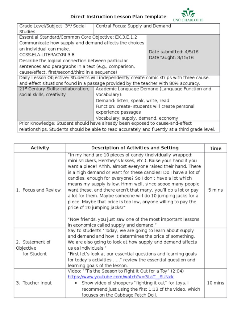 Direct Instruction Lesson Plan Supply and Demand PDF Demand Prices