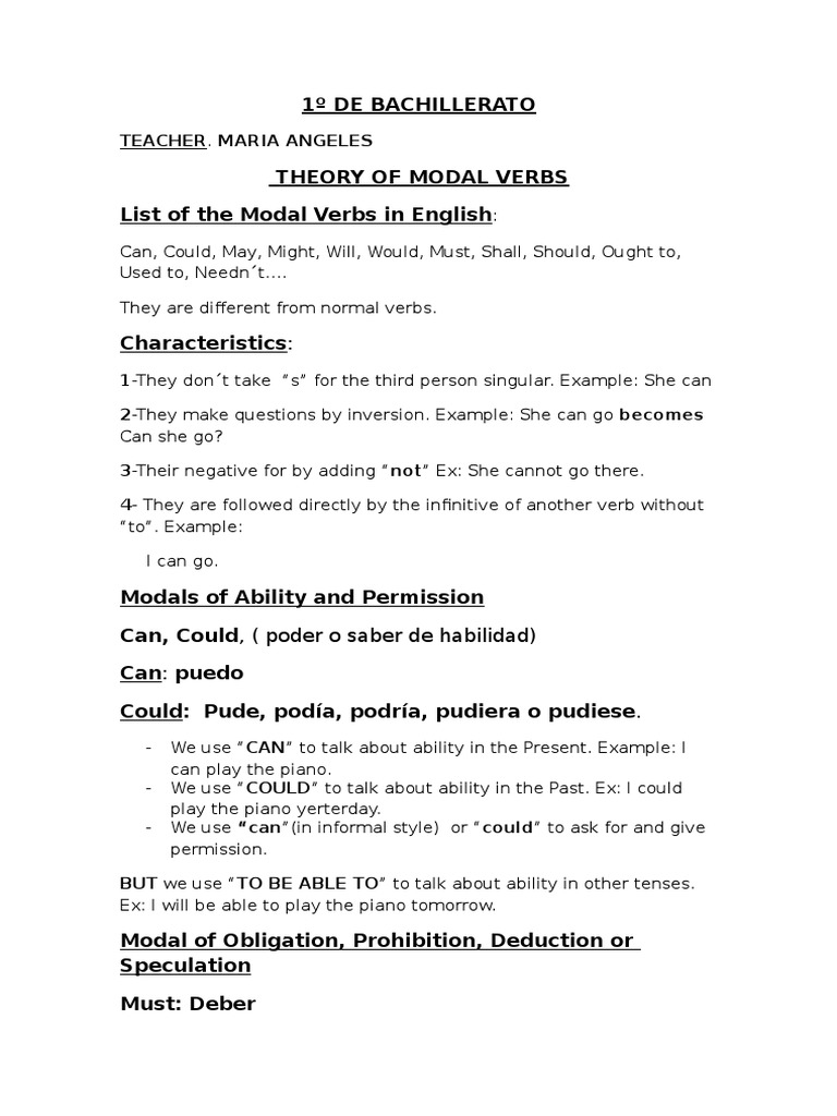Modal Verbs Theory 1º de Bachillerato | PDF | Language Mechanics | Grammar