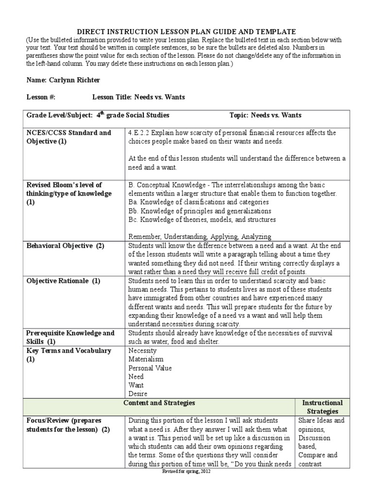 needs wants lesson plan Educational Assessment Lesson Plan
