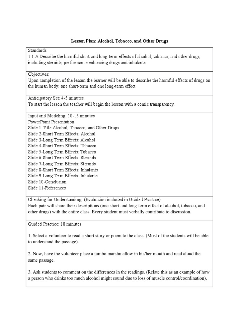 lesson plan example drugs and alcohol Lesson Plan Homework Prueba