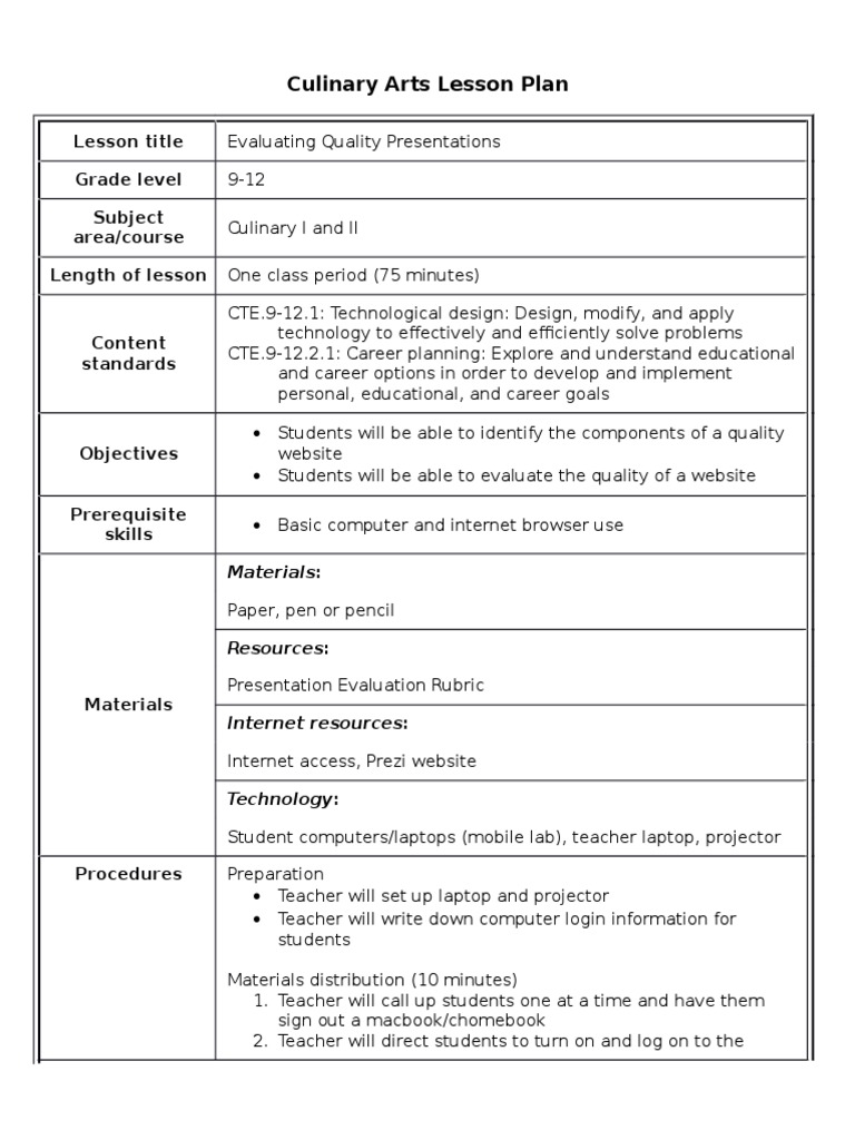Culinary Arts Lesson Plan Lesson Title Grade Level Subject Area/course