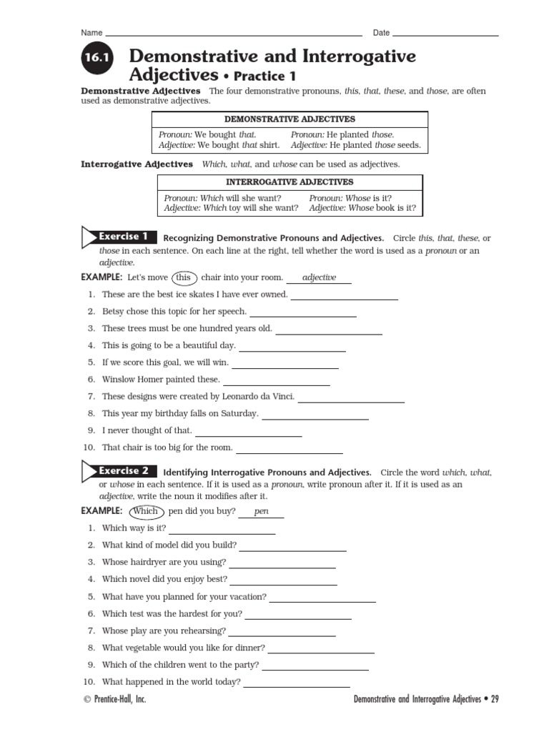 Demonstrative And Interrogative Adjectives Worksheet