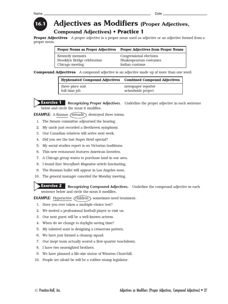 worksheet Nouns Used As Adjectives Worksheet 16 1 adjectives as modifiers proper compound adjectives