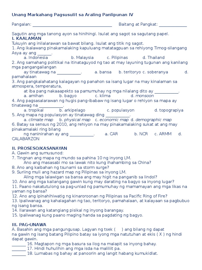 unang markahang pagsusulit sa araling panlipunan iv pdf