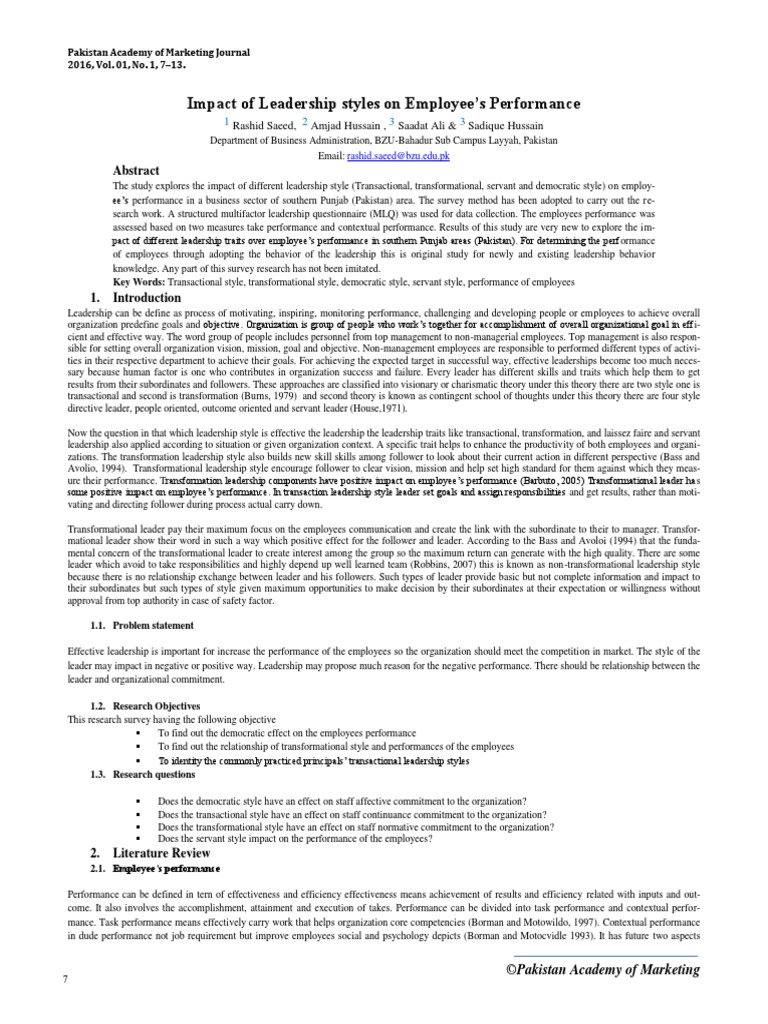 Impact of Leadership Styles On Employee's Performance | PDF ...