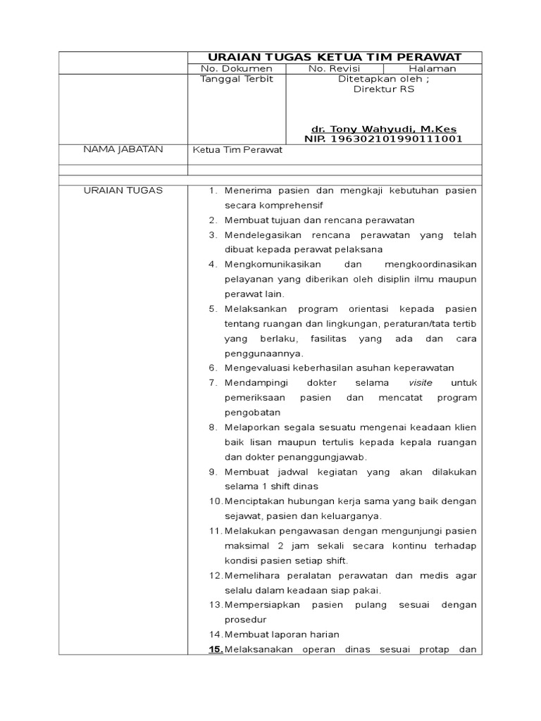 Uraian Tugas Ketua Tim Perawat