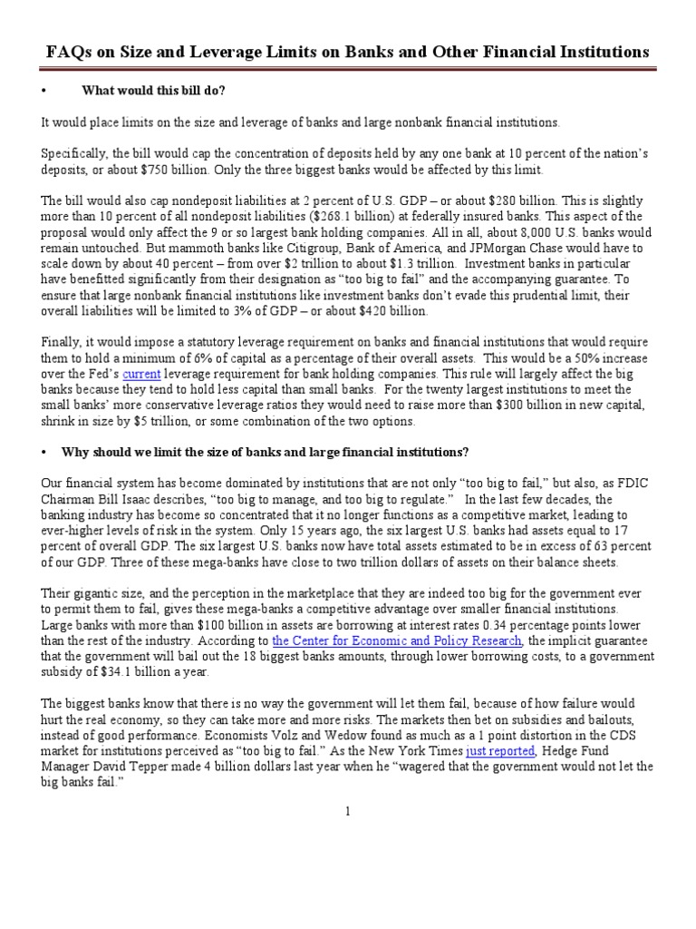 Safe Banking Act Faq PDF Too Big To Fail Bailout