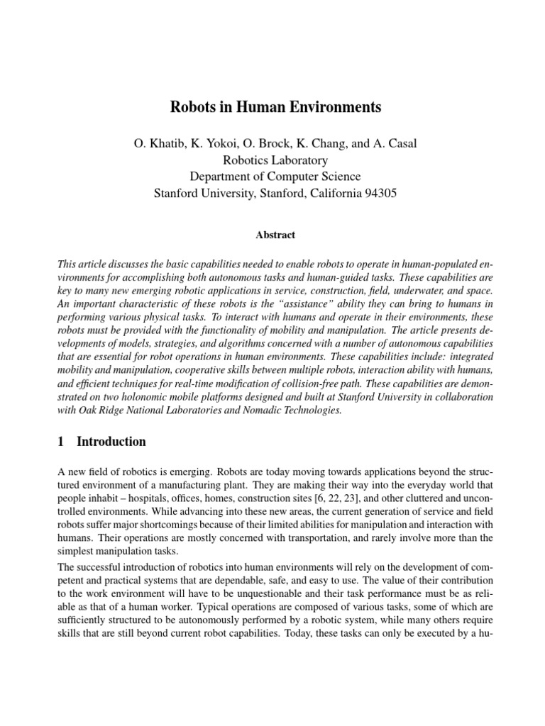 Essential Robot Capabilities for Human Environments | PDF | Robot ...
