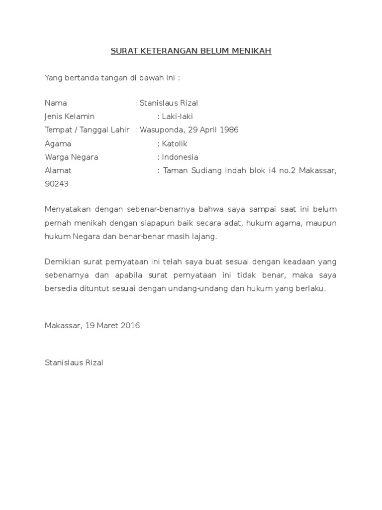 Surat Keterangan Belum Menikah