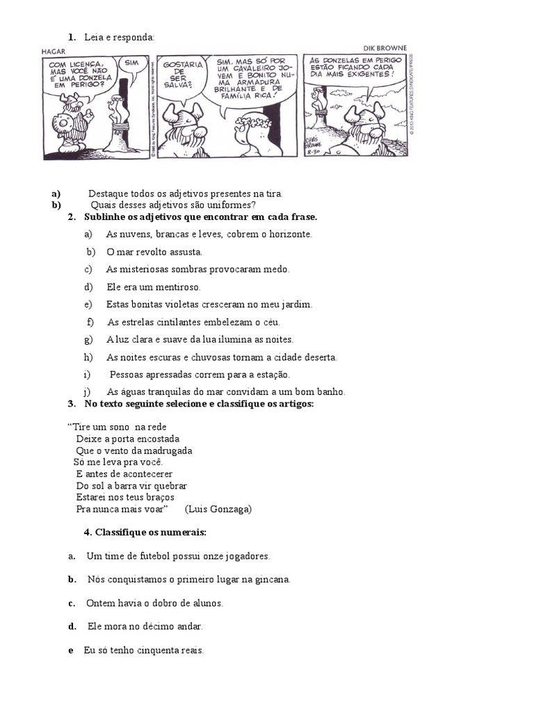 Atividade de Adjetivo Artigo e Numeral | PDF