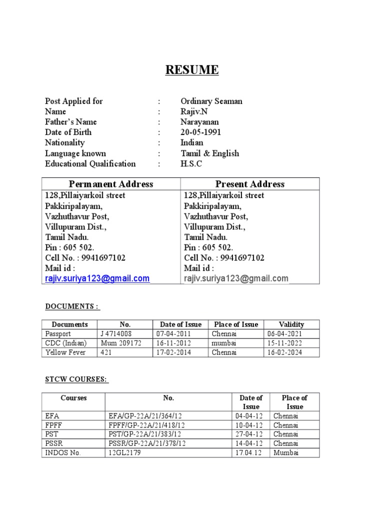 Resume: Permanent Address Present Address | PDF