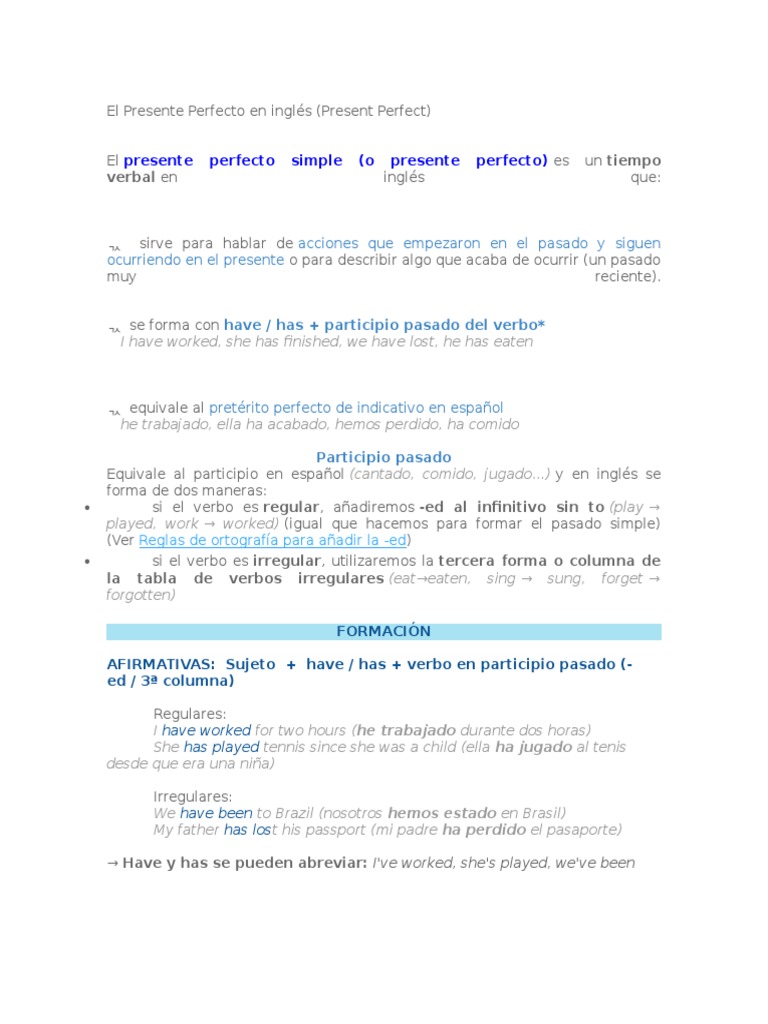 Presente Perfecto Simple (O Presente Perfecto) : Verbal en | PDF