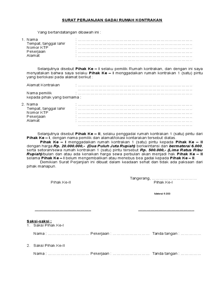 Featured image of post Surat Perjanjian Gadai Rumah Kontrakan Surat perjanjian pemborongan pemasangan instalasi listrik