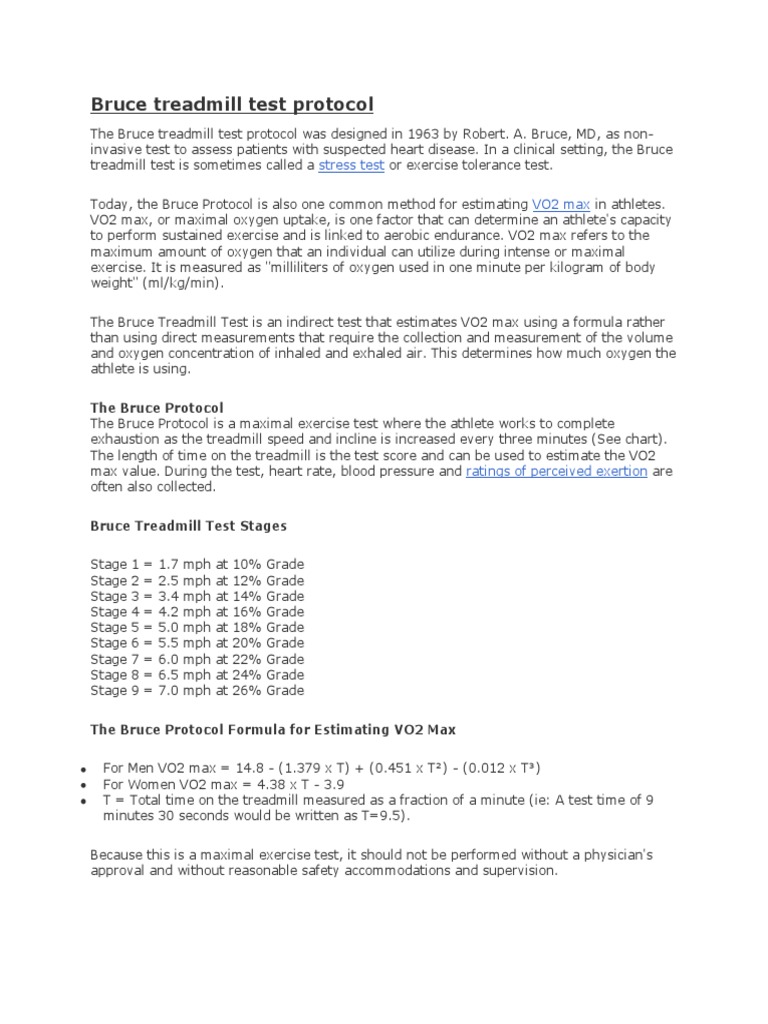 Bruce Treadmill Test Protocol Overview | PDF