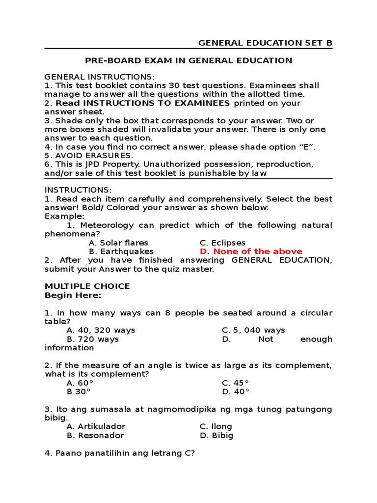 General Education Pre-Board Exam | PDF | Multiple Choice | Cell Biology