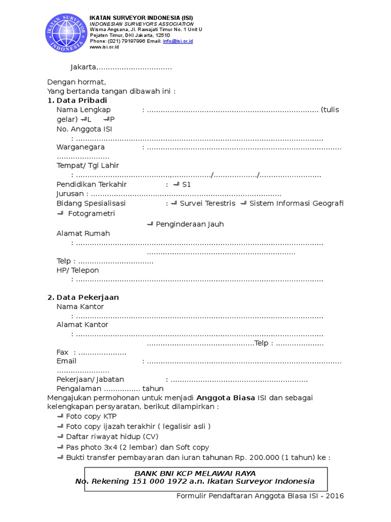 Formulir Pendaftaran Anggota Biasa Isi 2016 1 Tahun - 