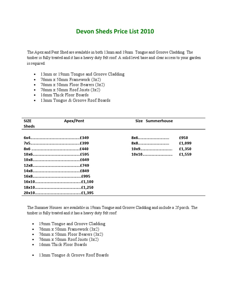 Sheds Price List PDF