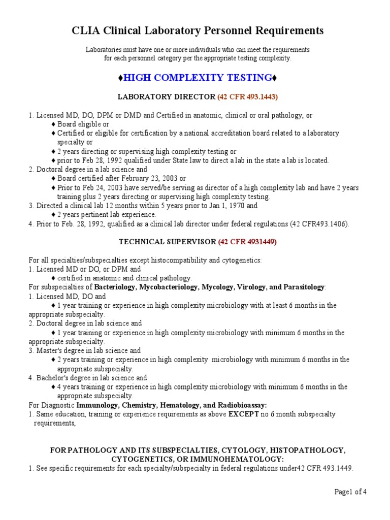 Clia Lab Qualifications PDF Doctor Of Medicine Medical Laboratory