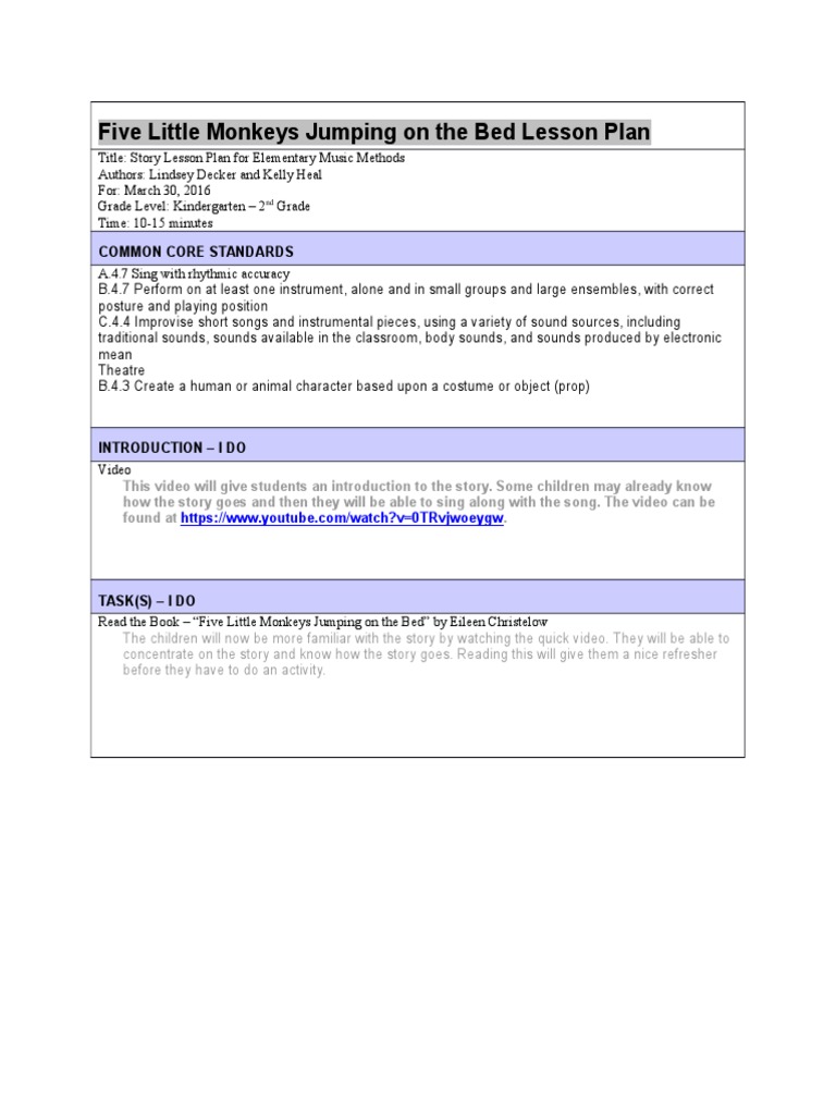 5 little monkeys lesson plan | Lesson Plan | Leisure