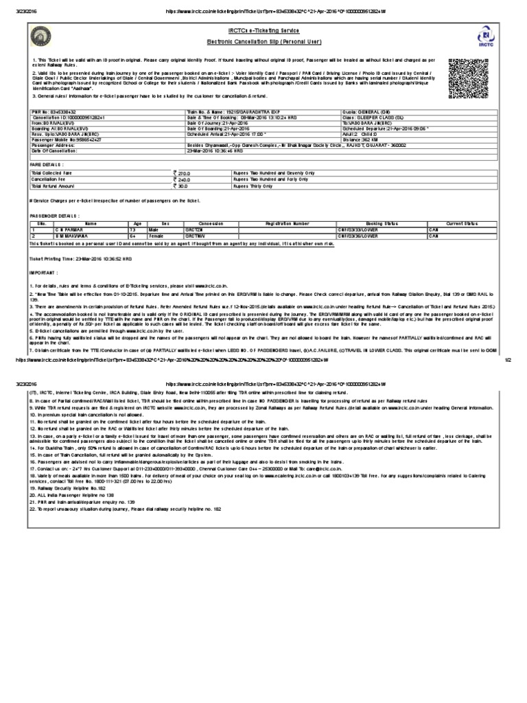 IRCTC e-Ticket Cancellation Details | PDF | Identity Document | Ticket ...