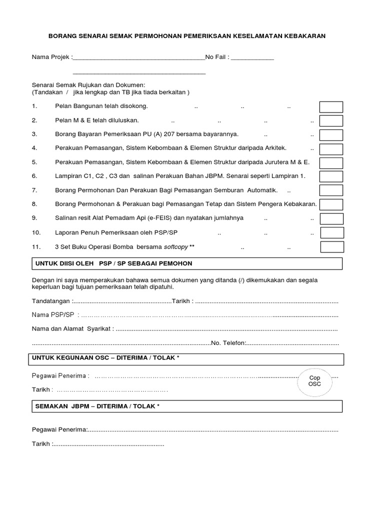 Borang Senarai Semak Permohonan Pemeriksaan Keselamatan Kebakaran Pdf