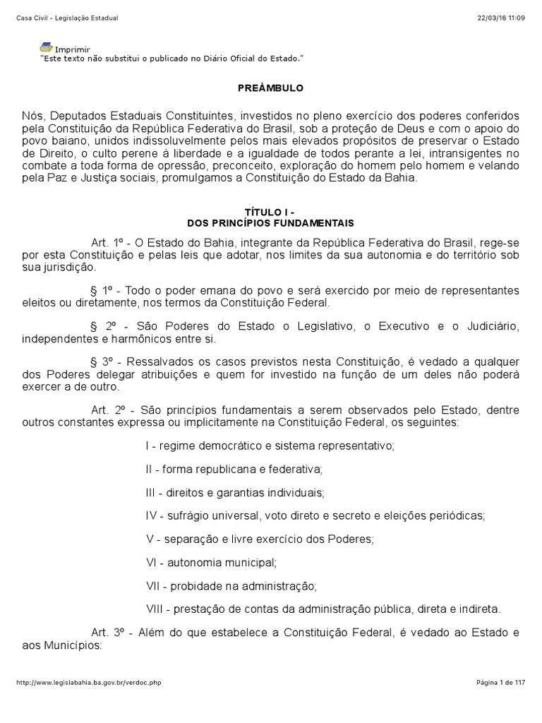 Constituição Do Estado Da Bahia Atualizada | PDF | Administração ...