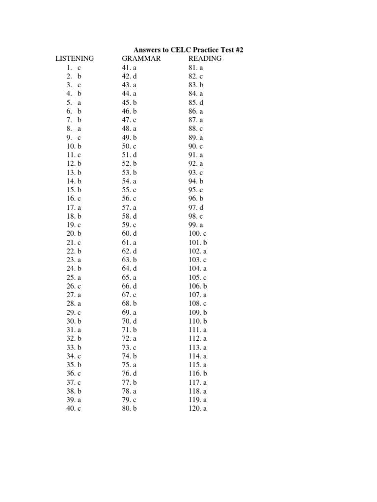 CELC Practice Test #2 Answers | PDF | Teaching Methods & Materials ...