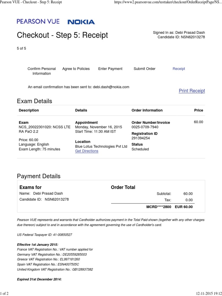 Pearson VUE Checkout Step 5 Receipt PDF Value Added Tax Receipt