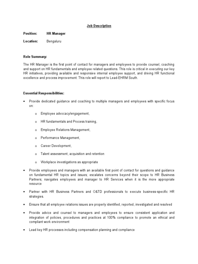 Jd Hr Manager Download Free Pdf Recruitment Employment