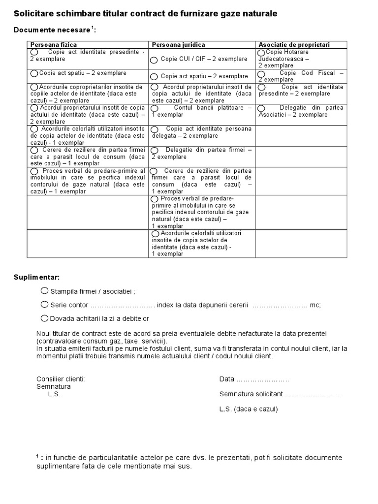 Solicitare Schimbare Titular Contract De Furnizare Gaze Naturale