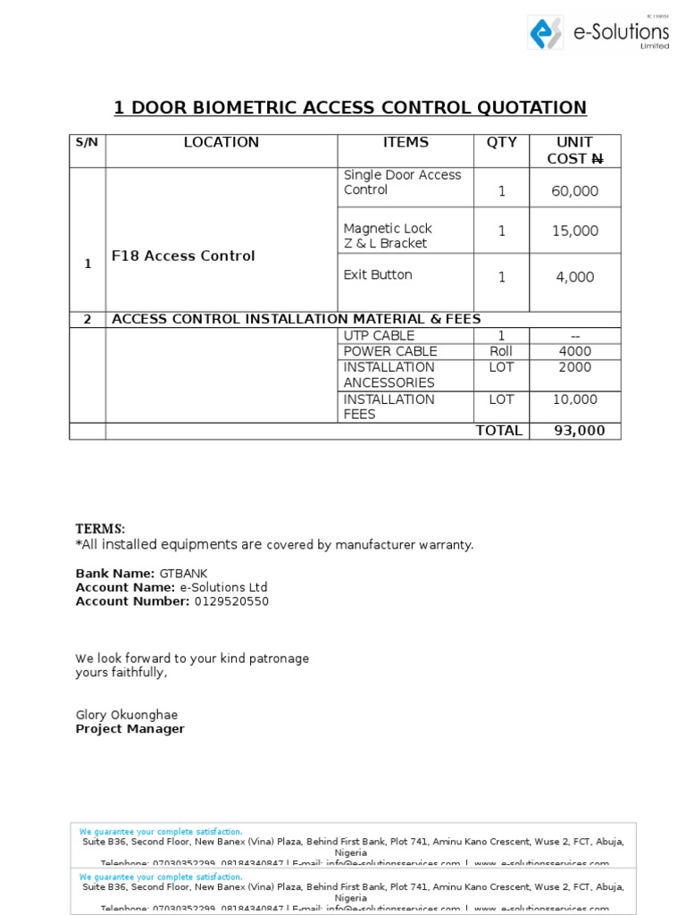 Biometric Access Control Quotation | PDF | Technology & Engineering