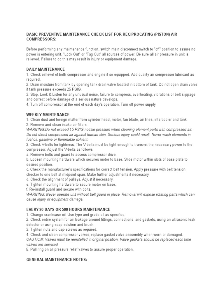 Basic Preventive Maintenance Check List for Reciprocating Valve Gas