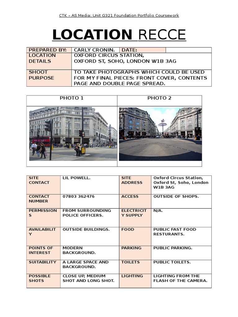 Location Recce for Oxford Circus Shoot | PDF | Travel