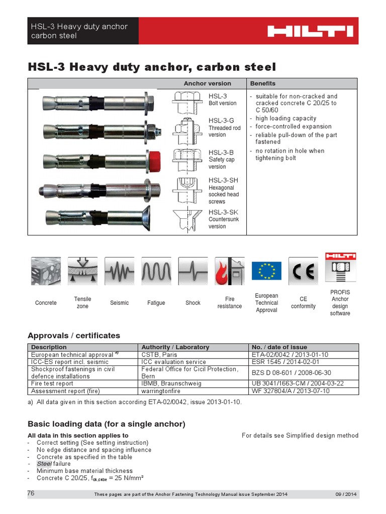 Technical Data Sheet For HSL3 Heavy Duty Anchor Technical Information