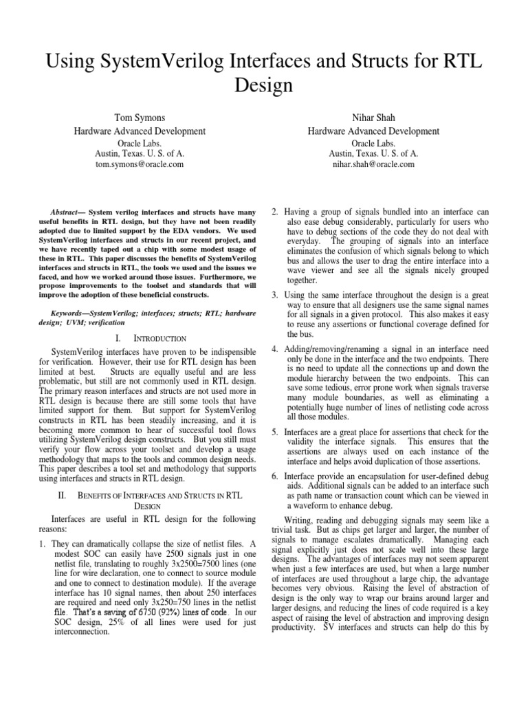 Using SystemVerilog Interfaces And Structs For RTL Design PDF Using systemverilog interfaces and structs for rtl design pdf