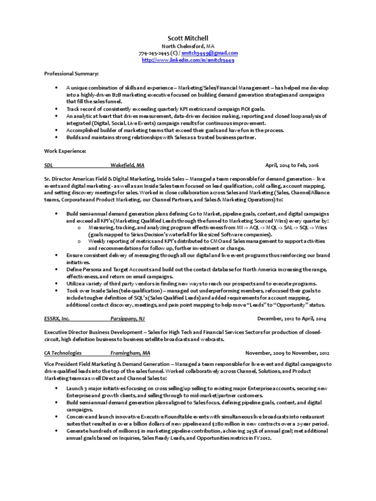 Vp Marketing Demand Generation In Boston Ma Resume Scott