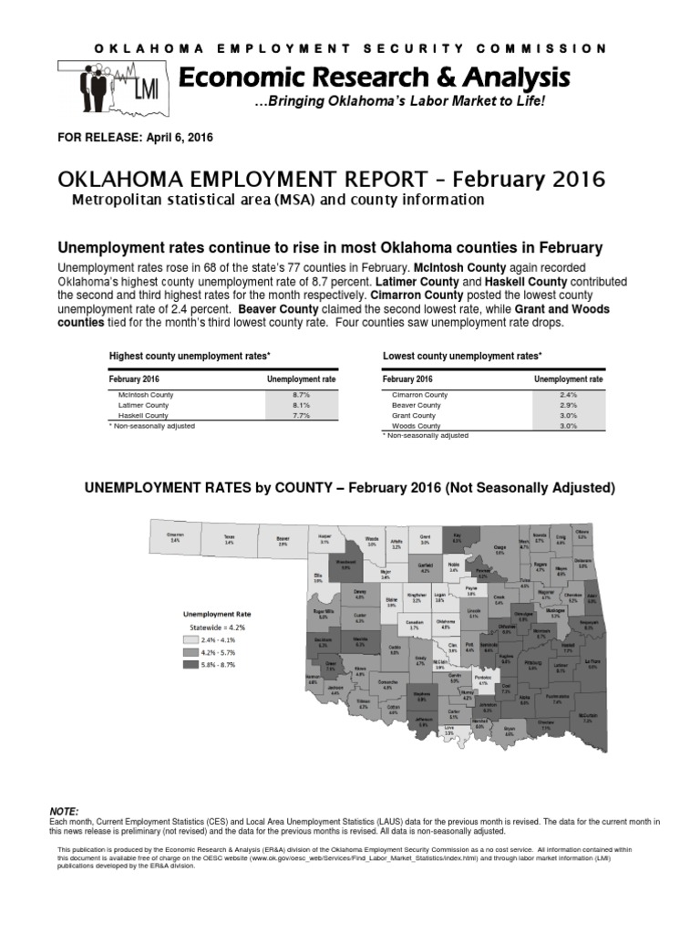 Unemployment by County February 2016 PDF Oklahoma Unemployment