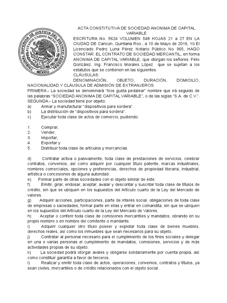 Acta Constitutiva De Sociedad Anonima De Capital Variable Estudiar