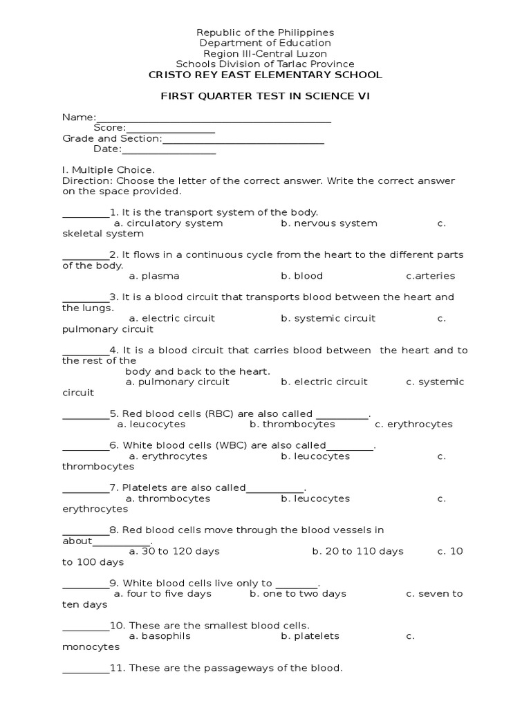 1st Quarter Test in Science Vi | PDF | Artery | Heart