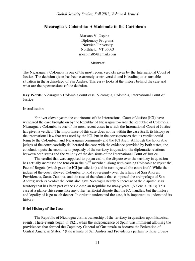 Nicaragua V Colombia A Stalemate at The Caribbean PDF Global