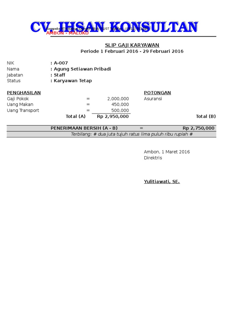 Format Contoh Slip Gaji Excel Guru Paud