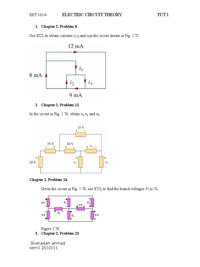 Electric Circuit Theory Tut 1: 1. Chapter 2, Problem 8 | PDF