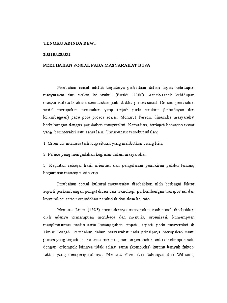 Perubahan Sosial Dalam Masyarakat Perubahan Sosial Masyarakat Desa