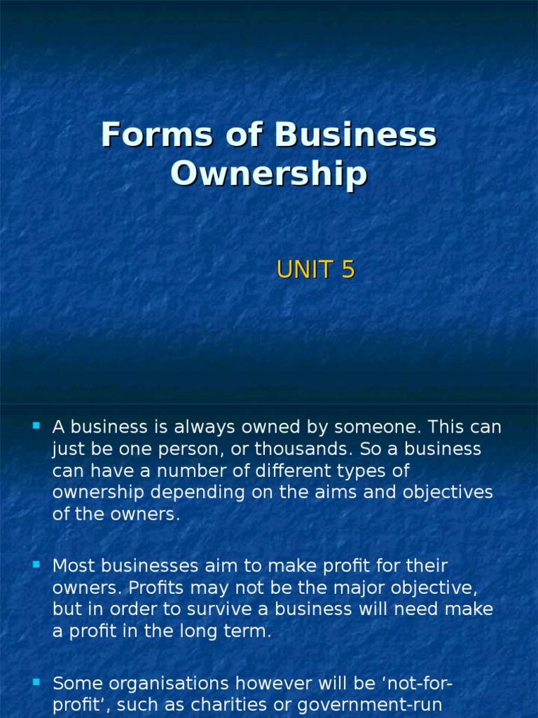 Forms of Business Ownership Unit 5 PDF Partnership Cooperative
