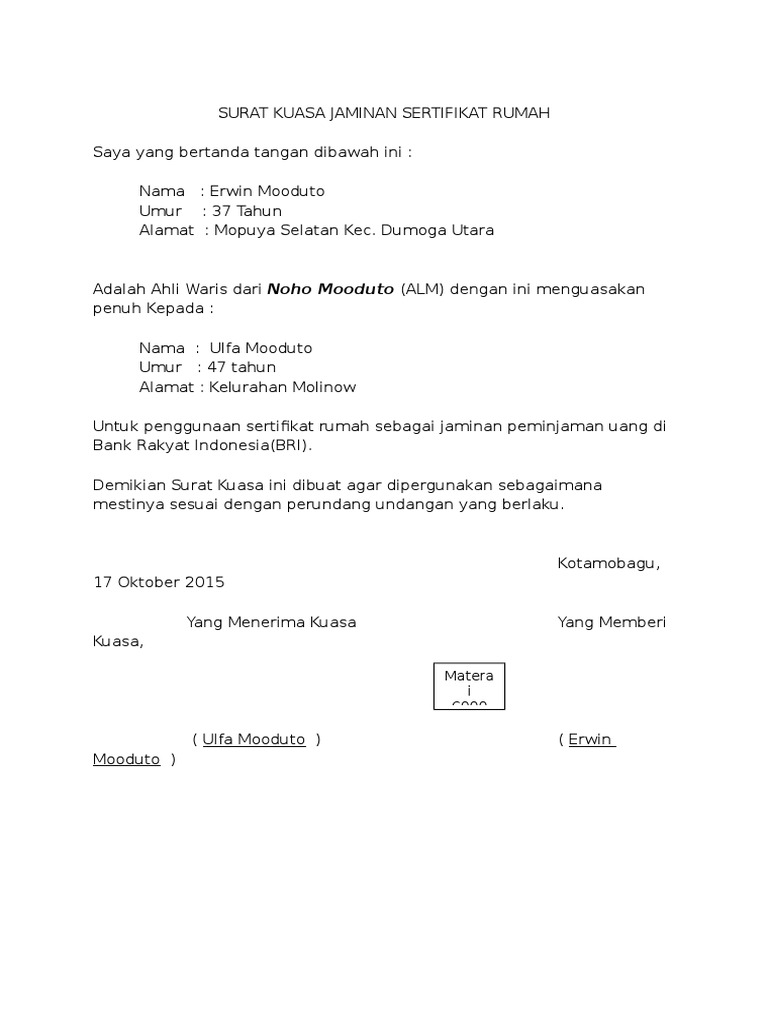 Contoh Surat Kuasa Untuk Jaminan Sertifikat Tanah