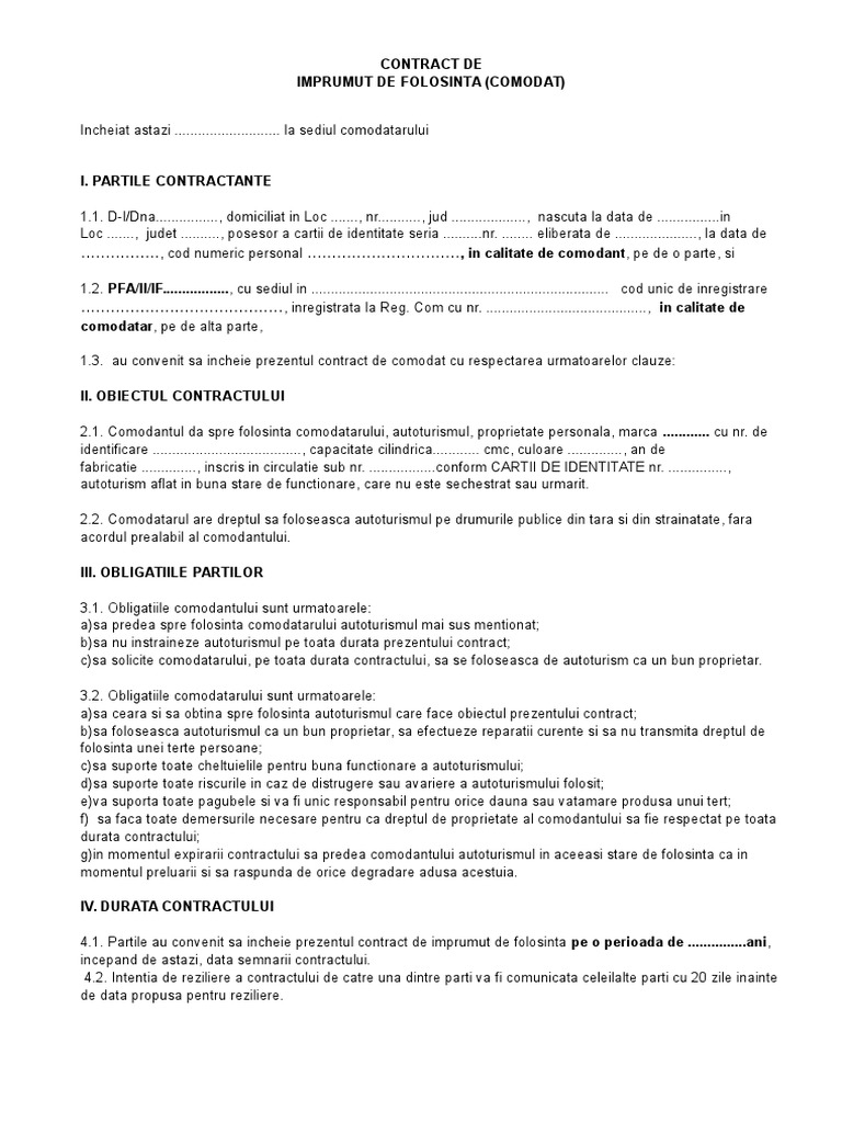 Contract De Comodat Auto Pdf
