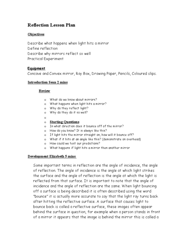 Reflection Lesson Plan Mirror Reflection (Physics)
