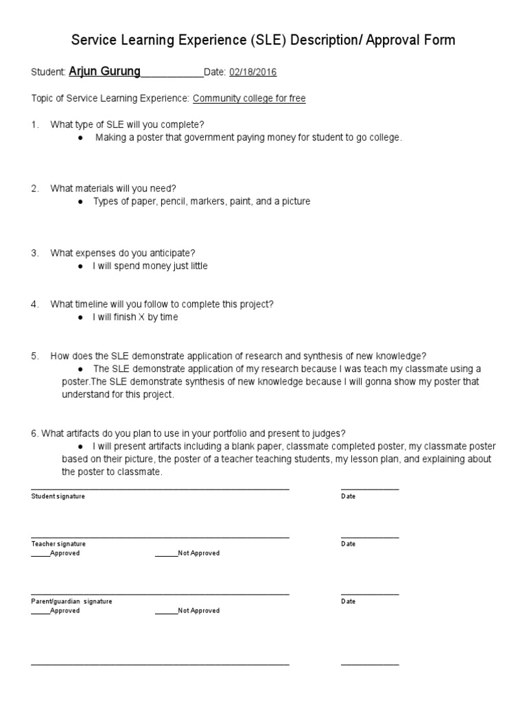 Service Learning Experience (SLE) Description/ Approval Form | PDF
