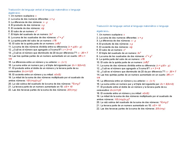 Traducción de Lenguaje Verbal Al Lenguaje Matemático o
